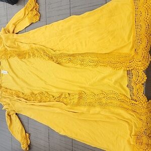 Tickled Teal Womens M Cardigan Long Open‎ Front Lace Yellow Mustard Cottagecore